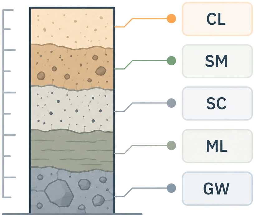 Soil boring column with USCS classifications CL, SM, SC, ML and GW